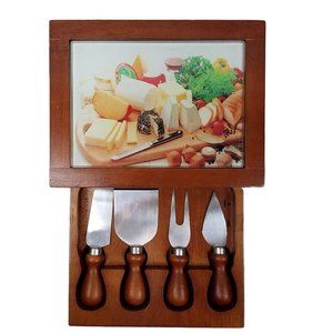 Wood Glass Cheese Board Box 4 Knife Spreader Set